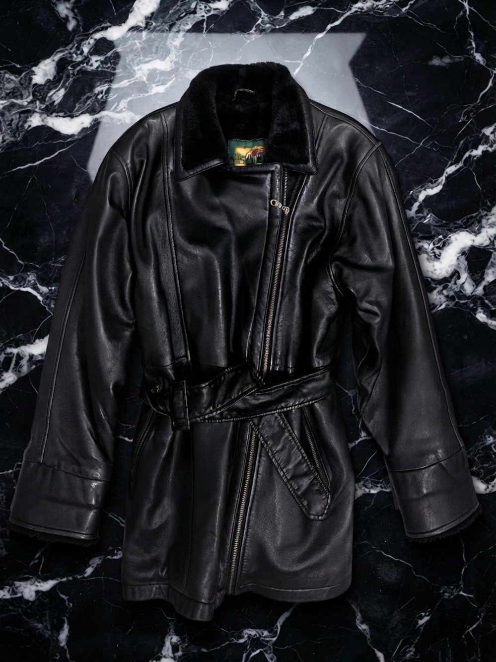 Ariana 100% Black Leather Belted Bomber Jacket w Shearling Collar -German Import